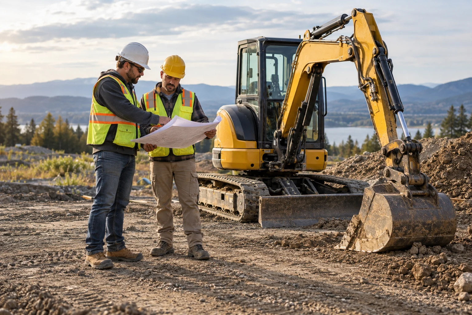 Two excavation professionals reviewing site plans beside parked equipment, illustrative team photograph