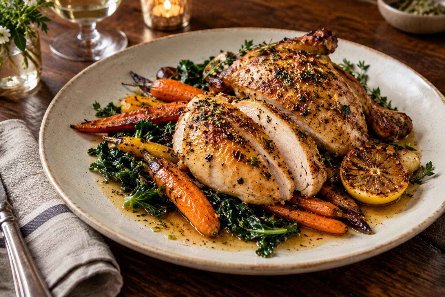 Golden roast chicken with carrots, greens, and pan jus