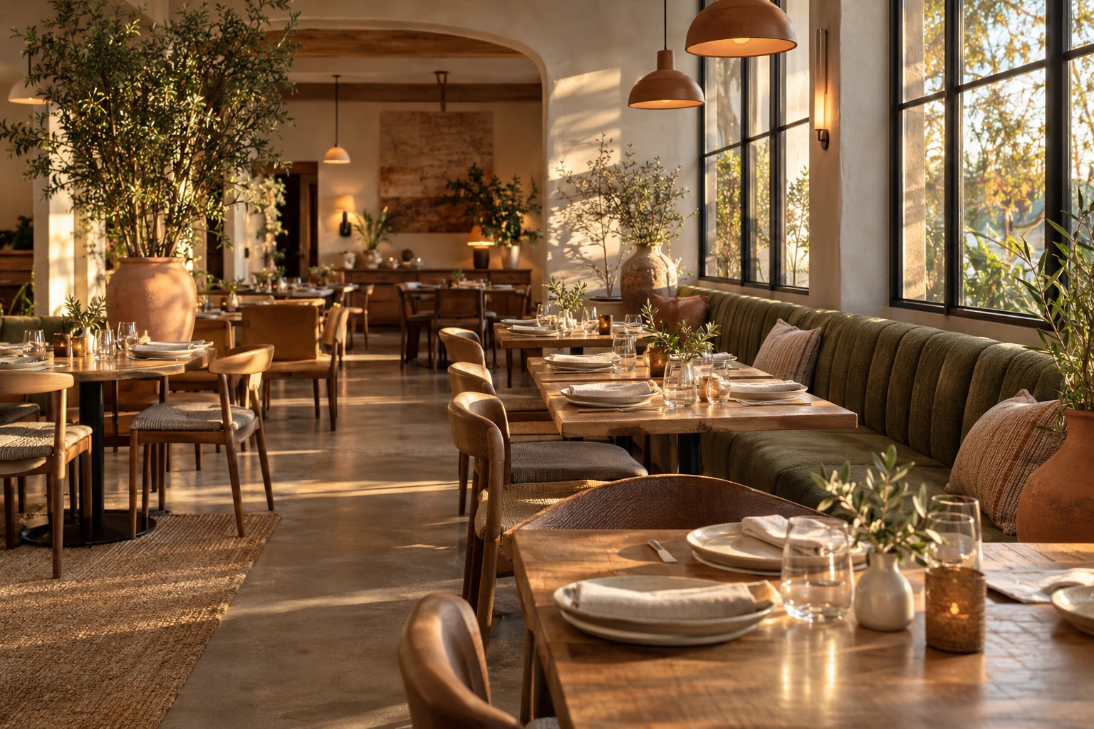 Illustrative neighborhood dining room with warm wood tables, soft light, and olive seating