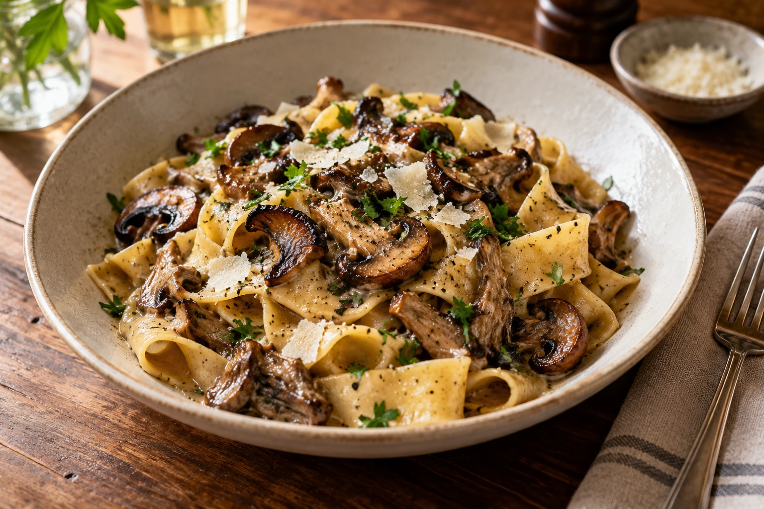 Pappardelle pasta with mushrooms, parmesan, and parsley