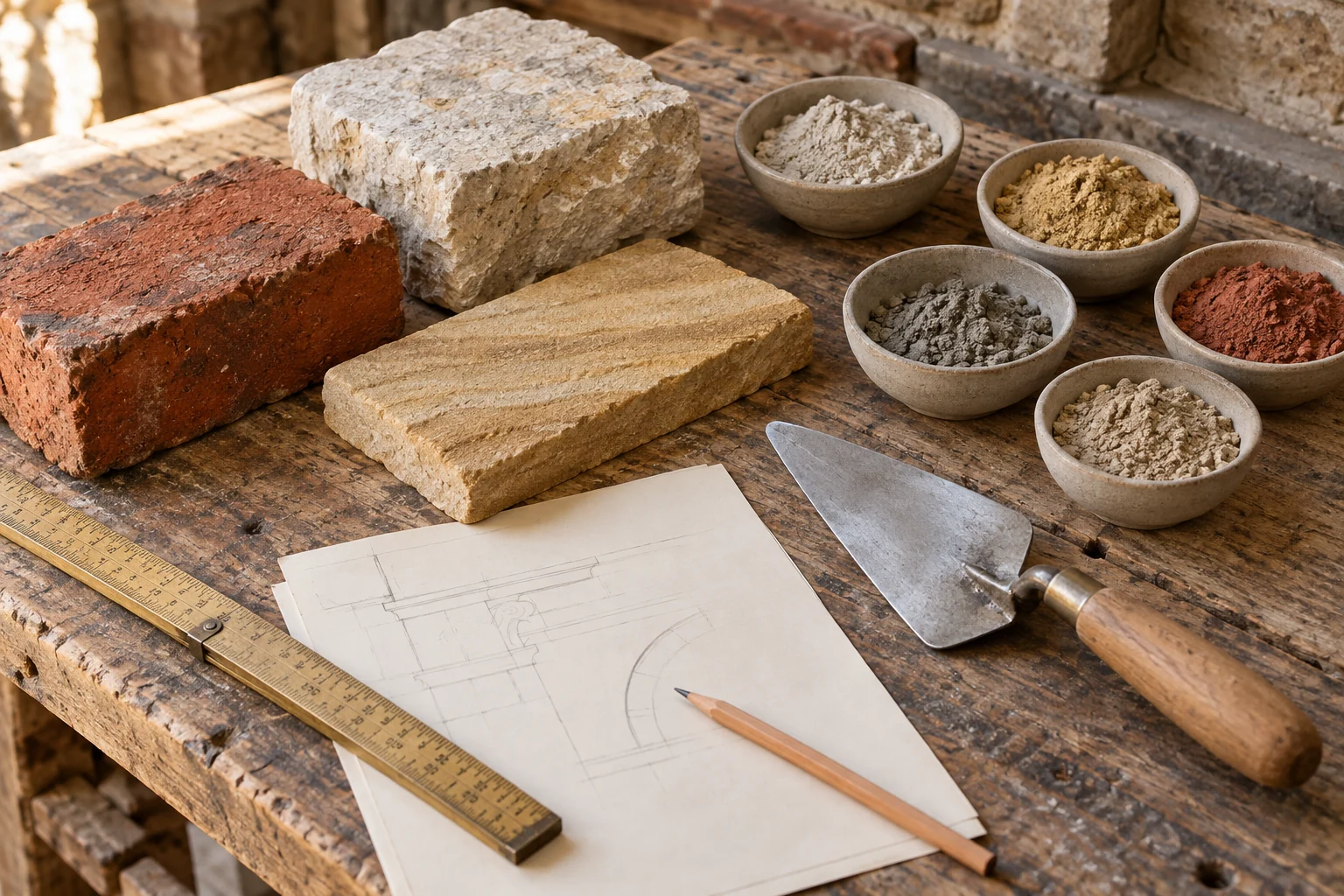 Brick, stone, mortar samples and masonry planning tools