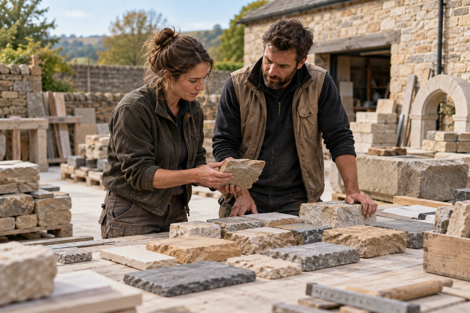 Two masonry craftspeople reviewing stone samples, illustrative team photograph