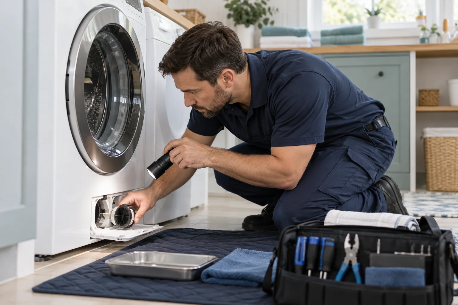 Technician assessing a washing machine on a protective floor mat