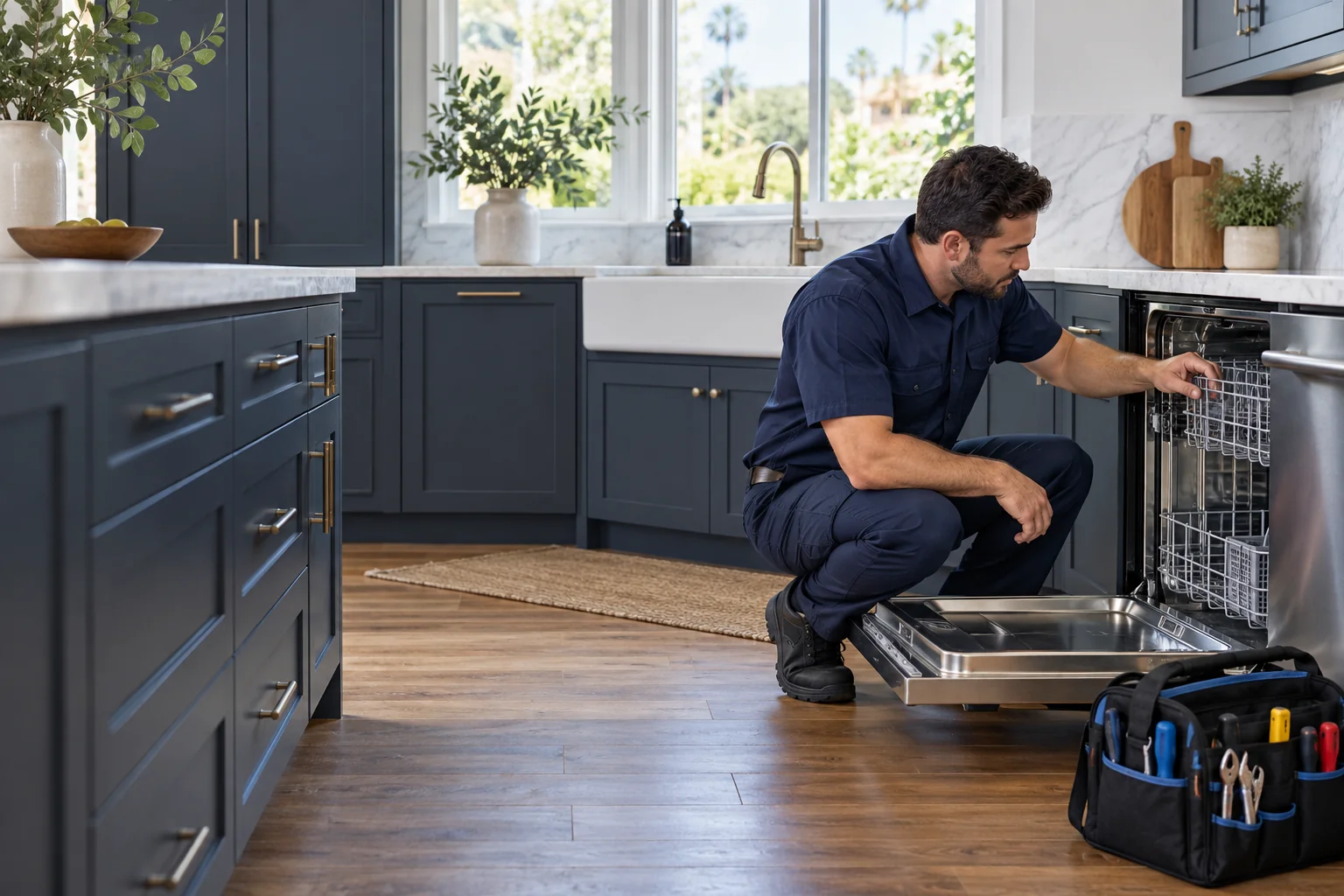 Appliance service technician inspecting a dishwasher in a home kitchen