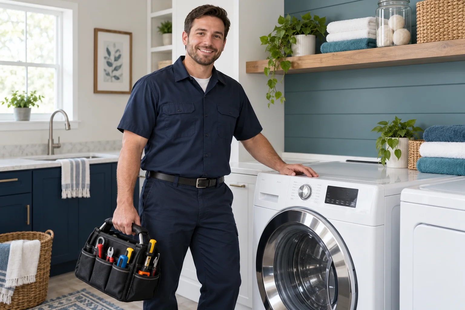 Appliance repair professional beside a home washing machine