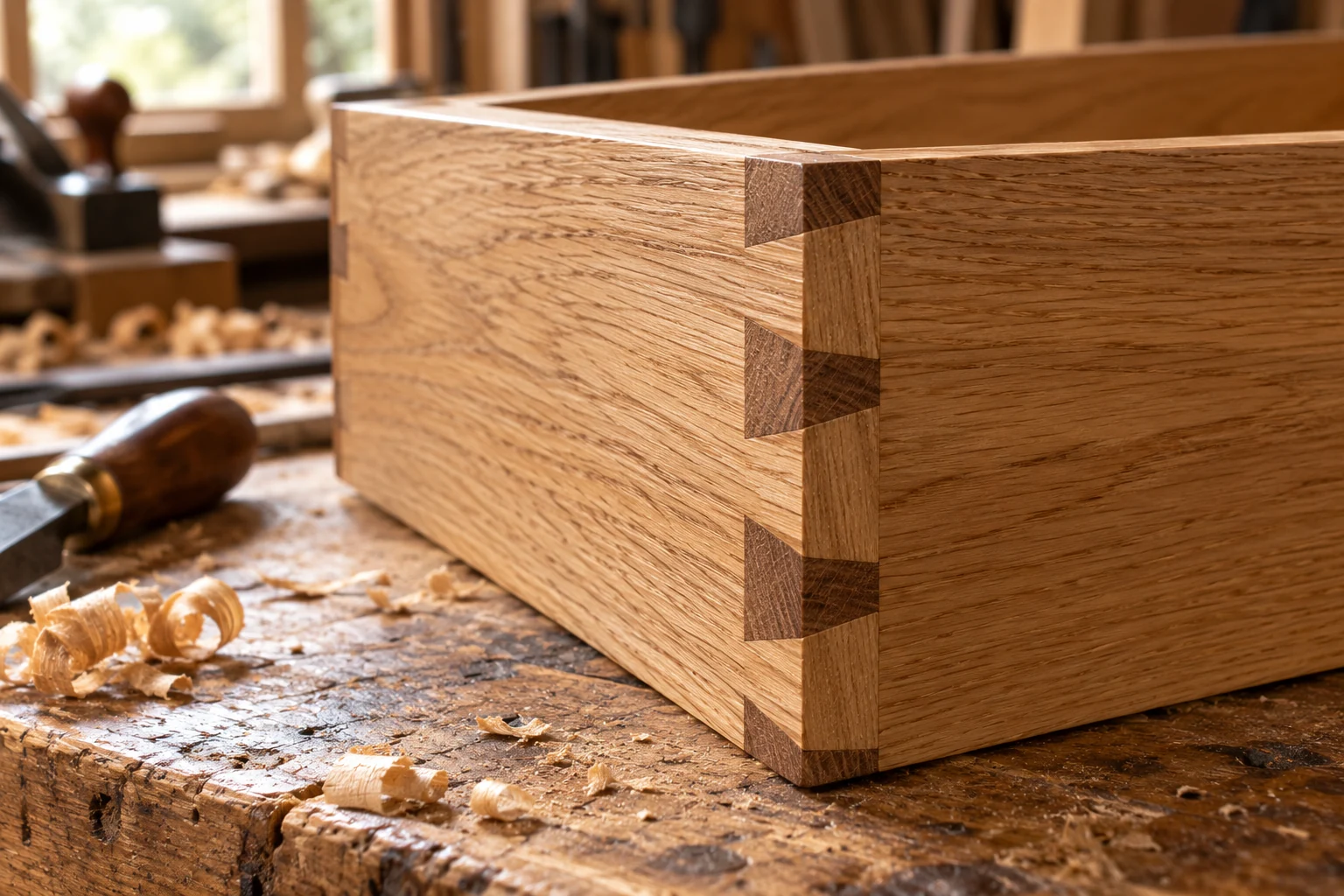 Close-up of an oak drawer dovetail joint, illustrative craftsmanship detail