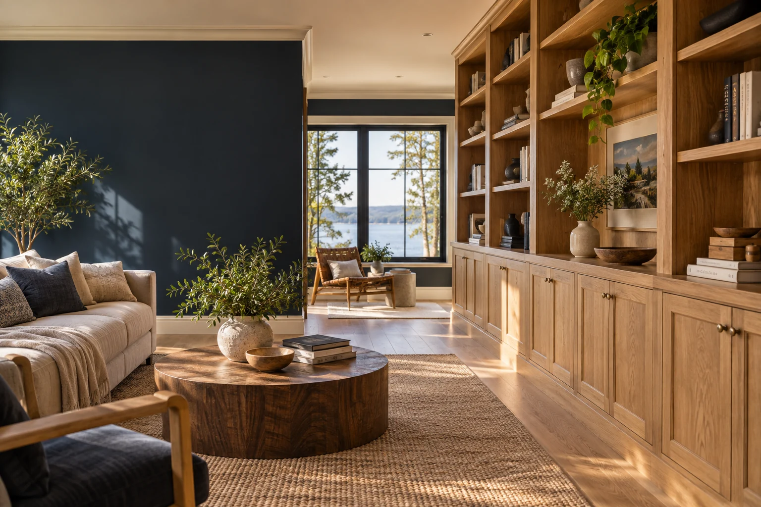 Custom oak built-in cabinetry in a warm living space, illustrative carpentry concept