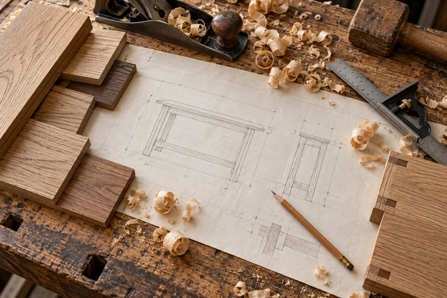 Carpentry drawings, timber samples and measuring tools