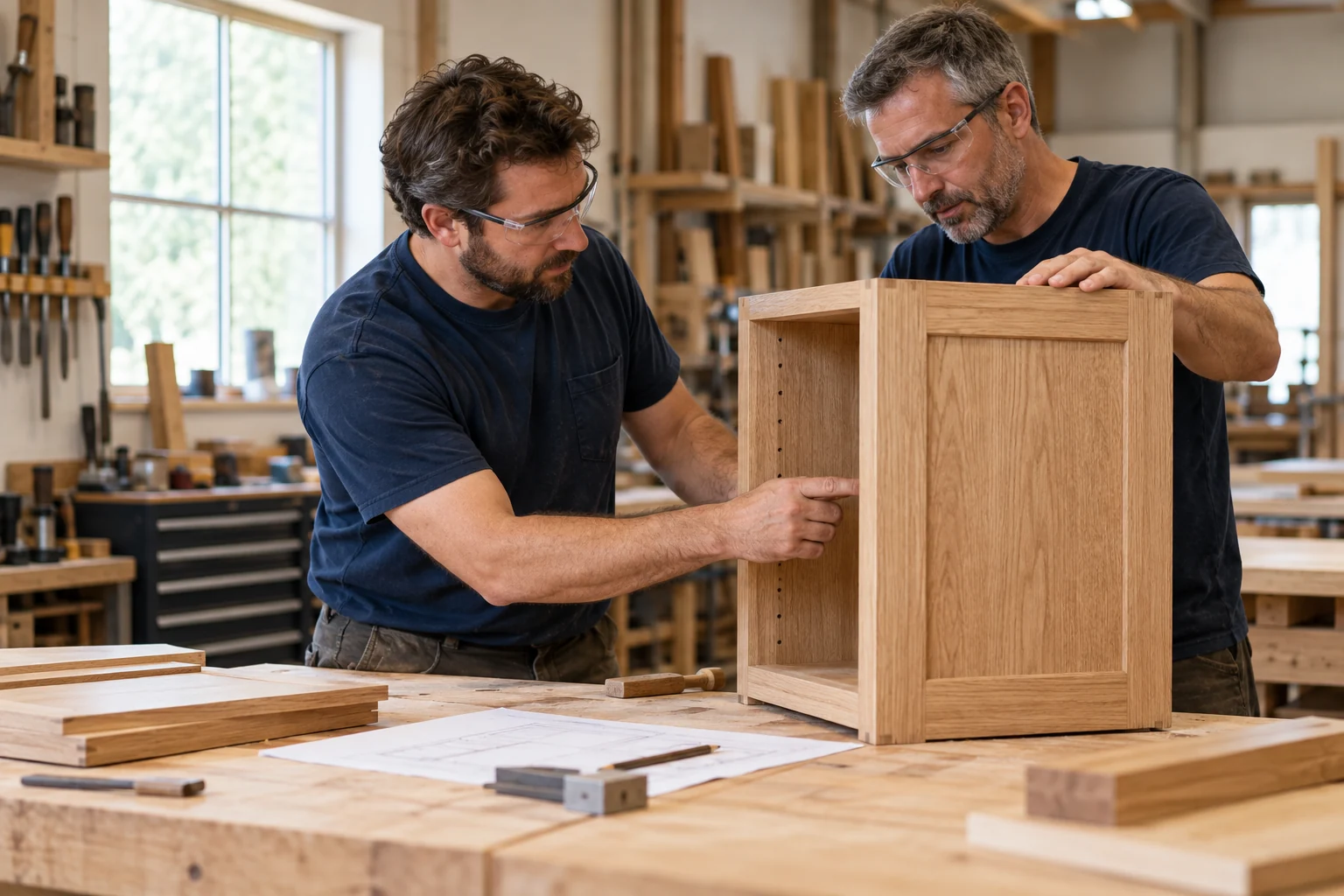 Two carpenters reviewing a cabinet assembly in a workshop, illustrative team photograph