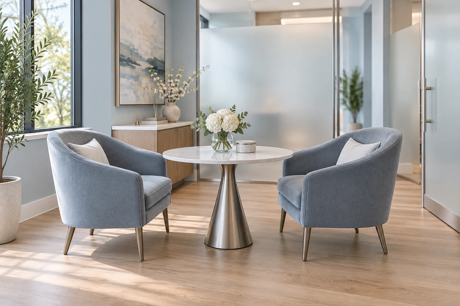 Illustrative modern med spa with ivory furnishings and warm plaster walls