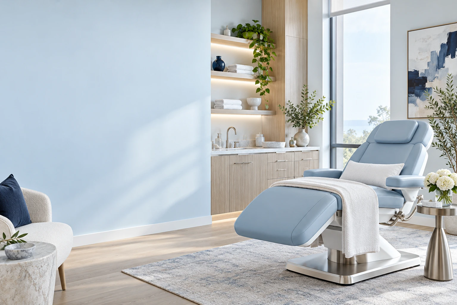 Illustrative bright treatment room with ice-blue furnishings and natural daylight