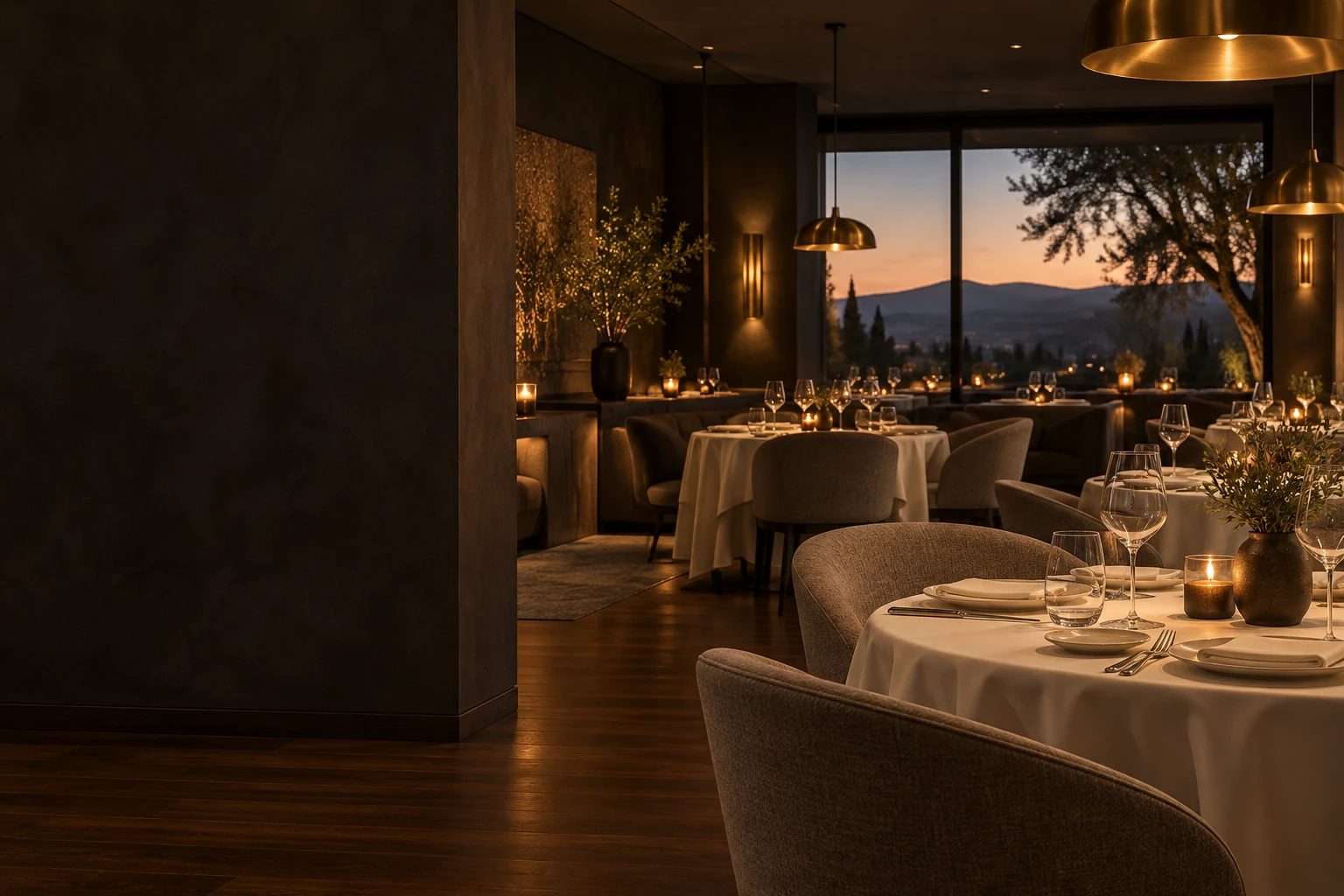 An intimate dining room with linen-set tables and warm candlelight