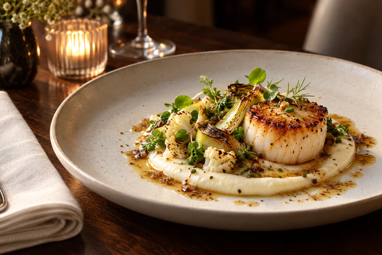 Golden scallops with cauliflower purée, leek and brown butter on an ivory plate