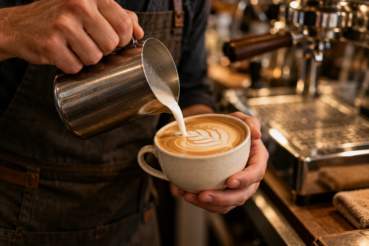 Barista carefully pouring steamed milk into an espresso