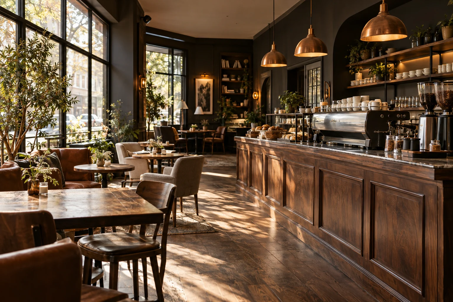 Warm café interior with walnut furniture and sunlit seating