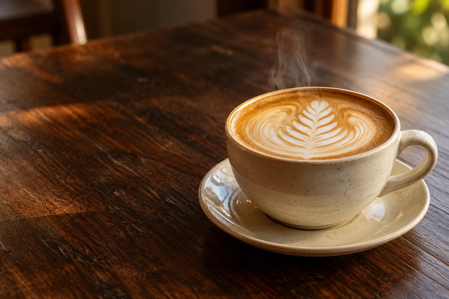 Cream ceramic latte with delicate rosetta art on a walnut café table