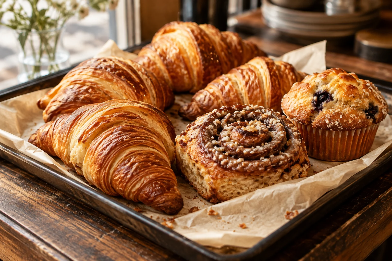 Flaky croissants, a cinnamon roll, and a muffin on a bakery tray