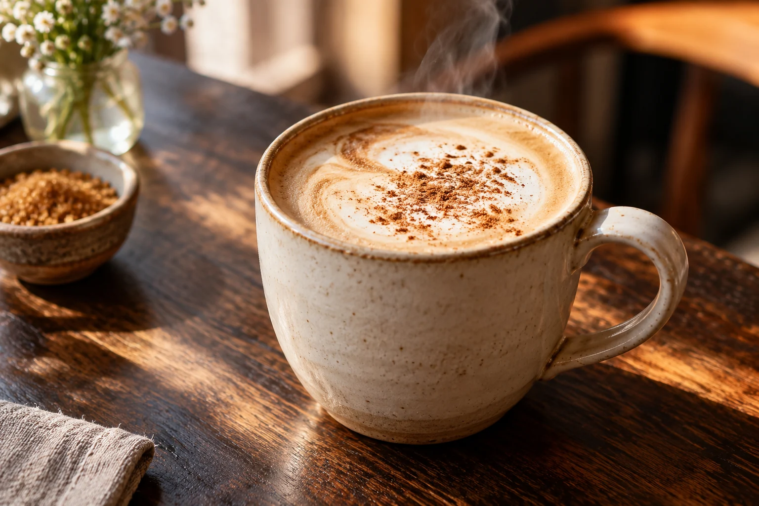 Maple brown sugar latte with foam and a light dusting of cinnamon