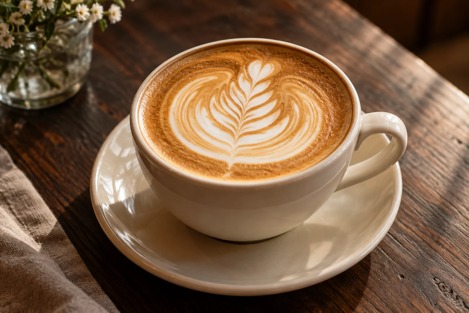 Fresh latte with silky microfoam in a ceramic cup