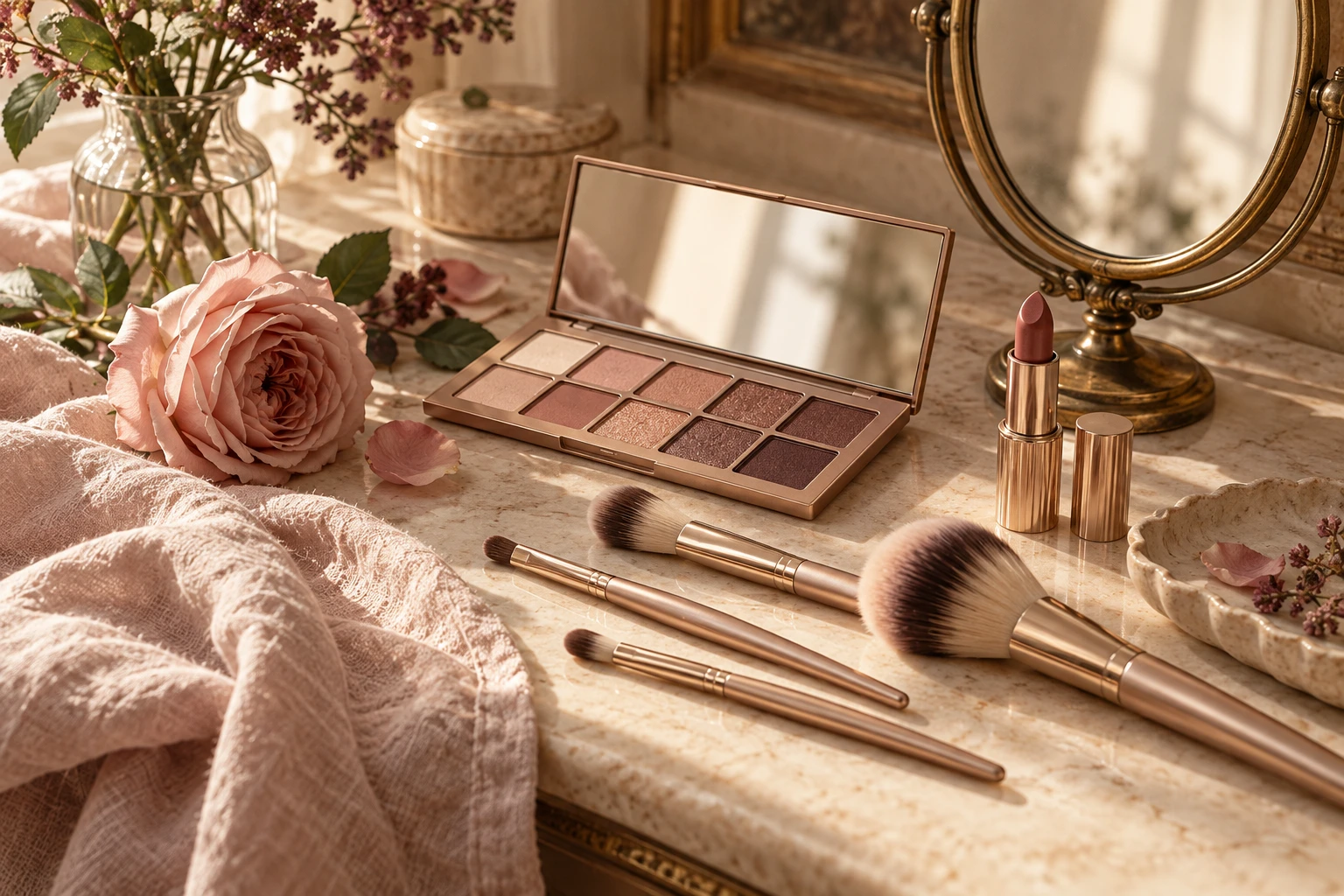 Makeup brushes, rose-toned colors, and flowers on an ivory dressing table