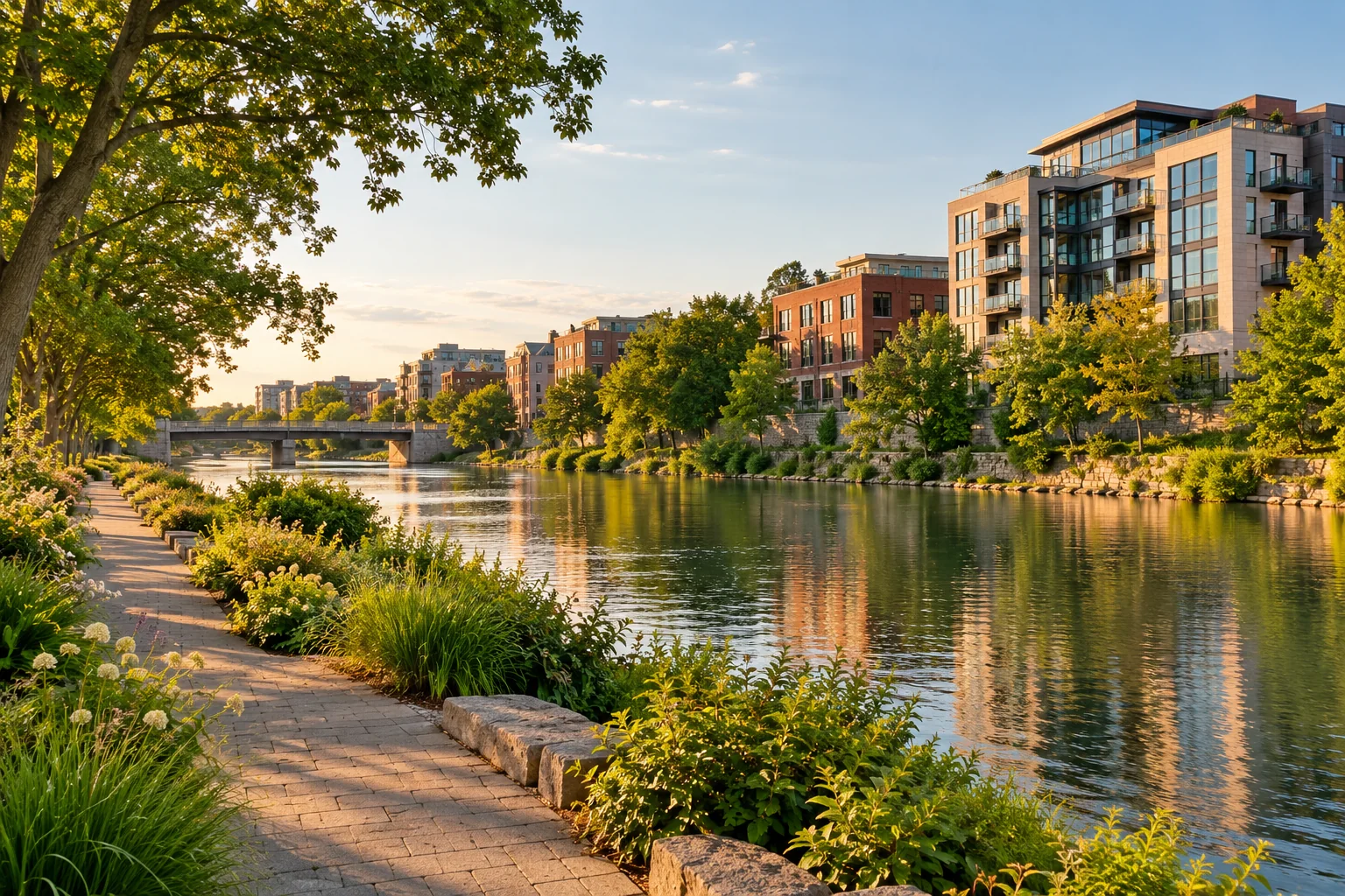 Landscaped public walking path beside a river
