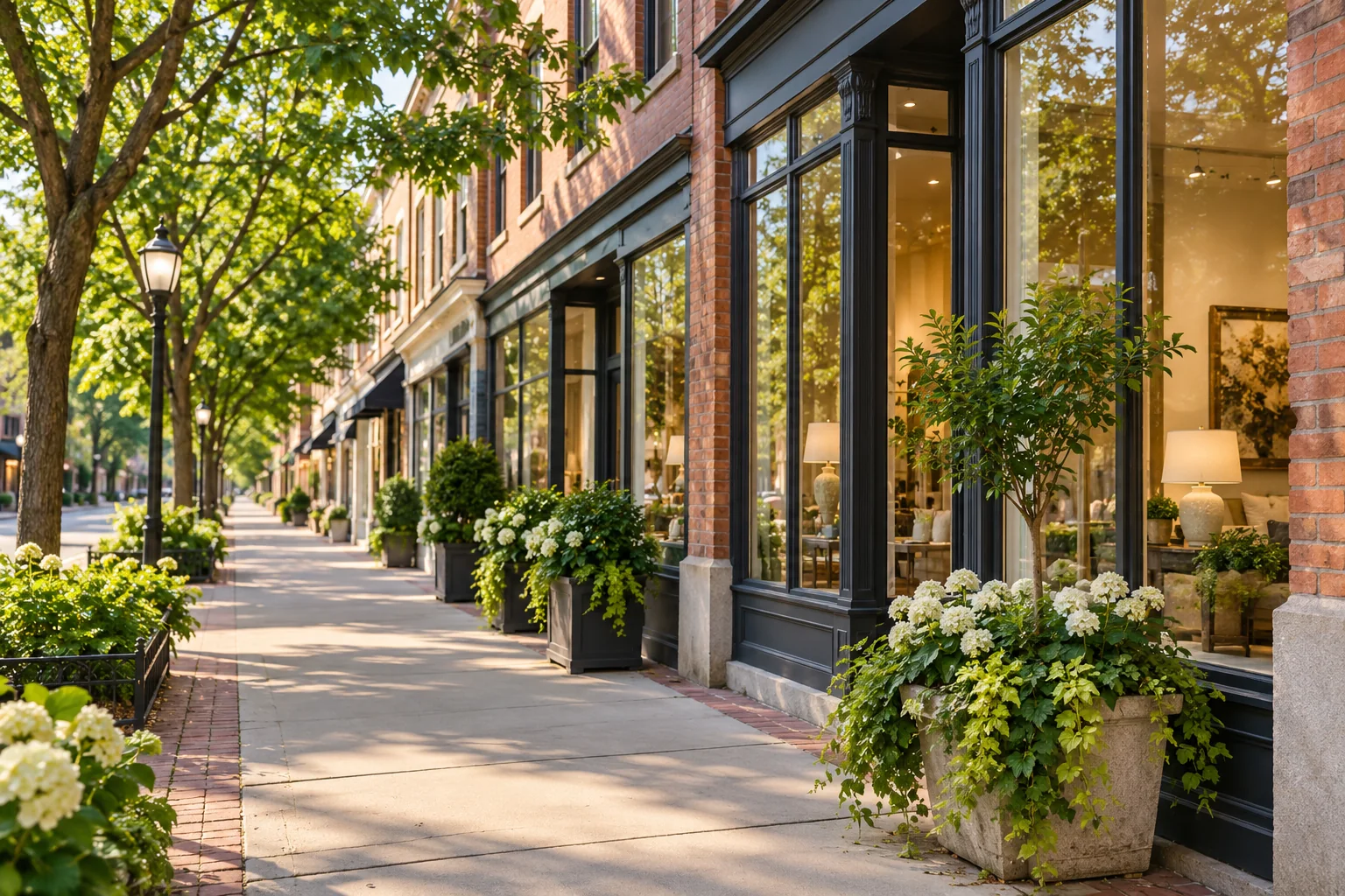 Brick storefronts along a walkable town-center street