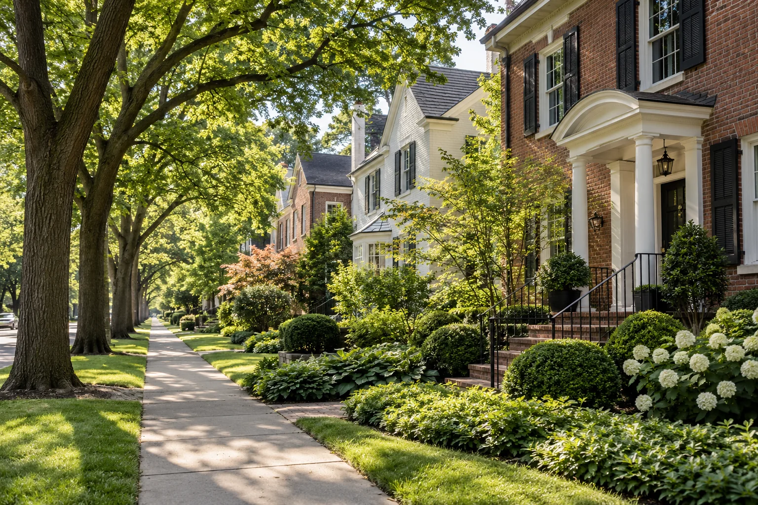Leafy residential sidewalk with homes set behind gardens