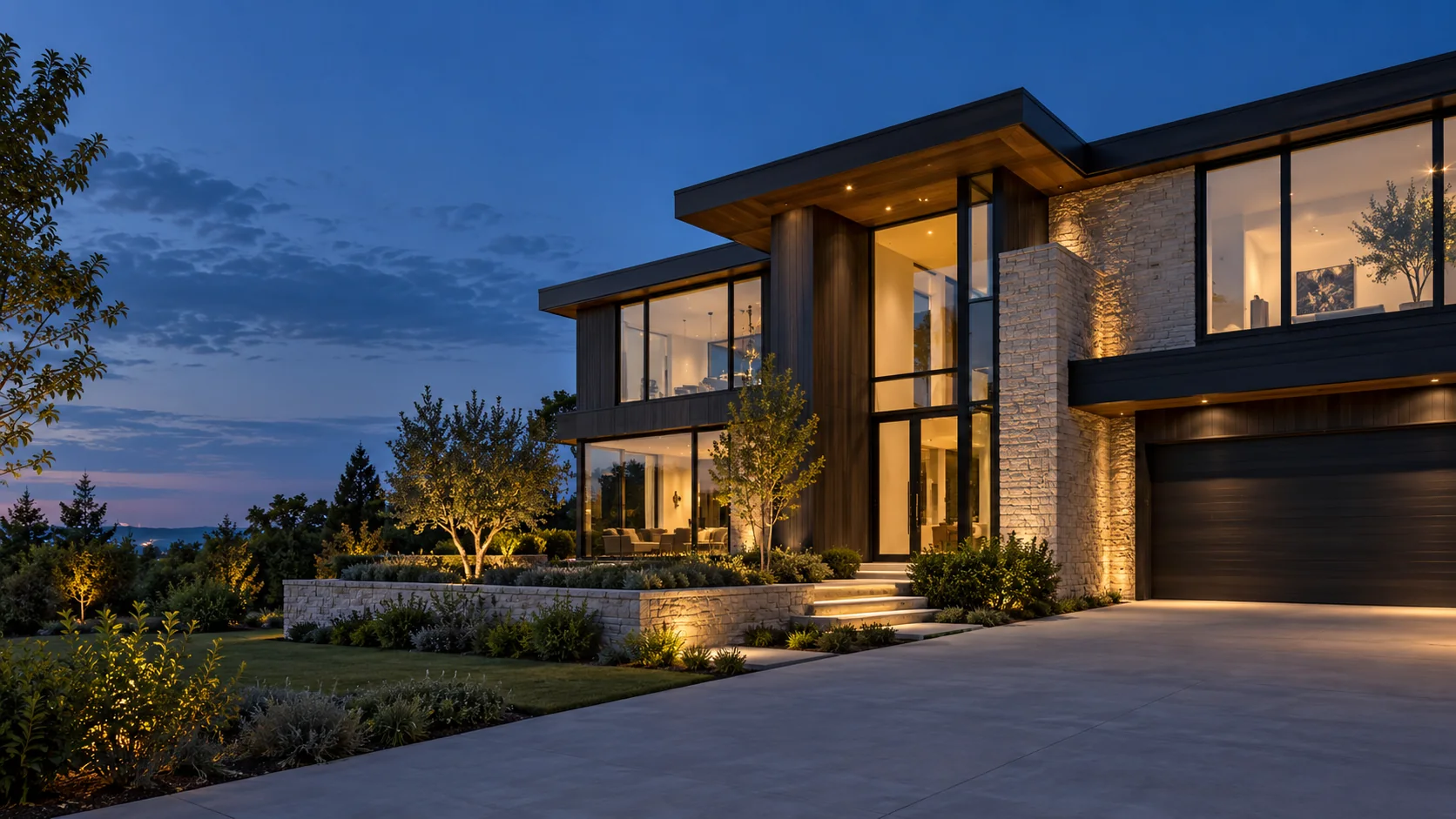 Refined modern home with warm illuminated interiors at dusk