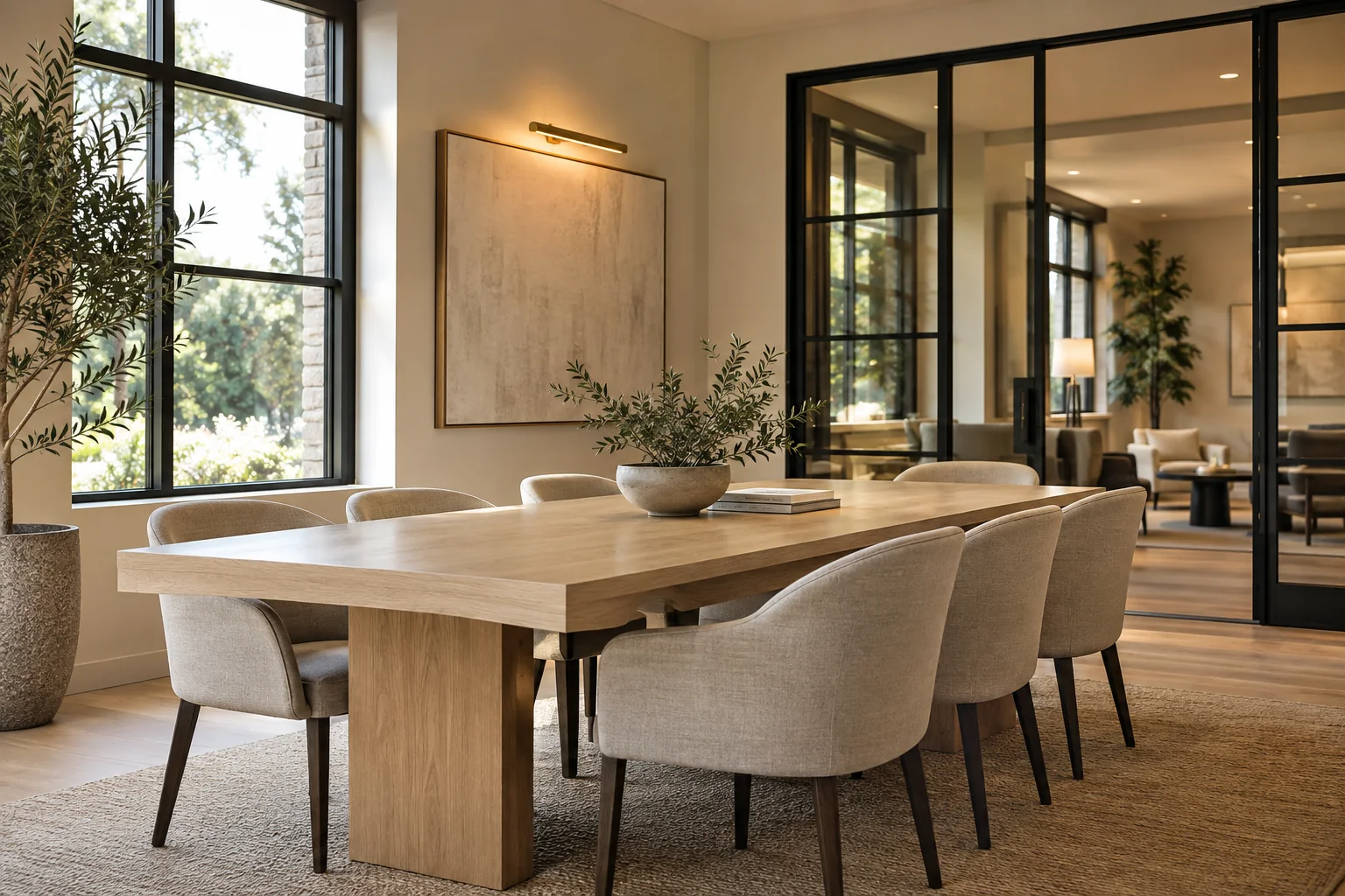 Warm contemporary real estate office with a welcoming meeting table