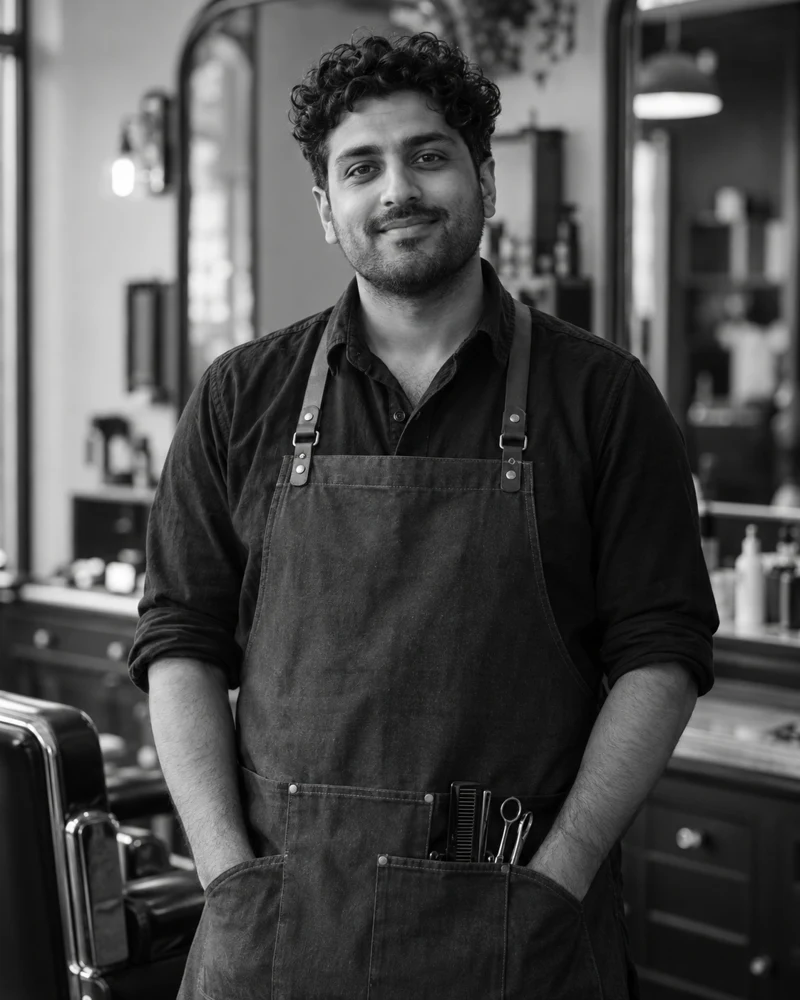 Illustrative portrait of Jamie Patel, barber