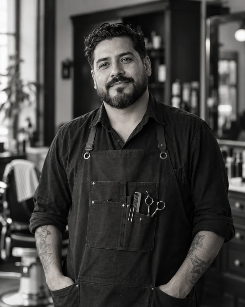 Illustrative portrait of Sam Rivera, barber