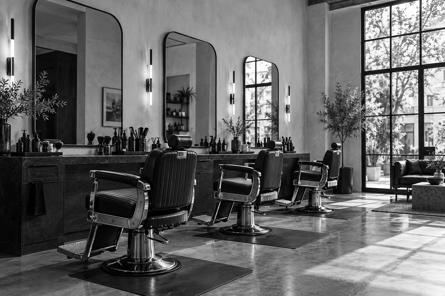 Illustrative barbershop interior with black chairs, tall mirrors, and daylight