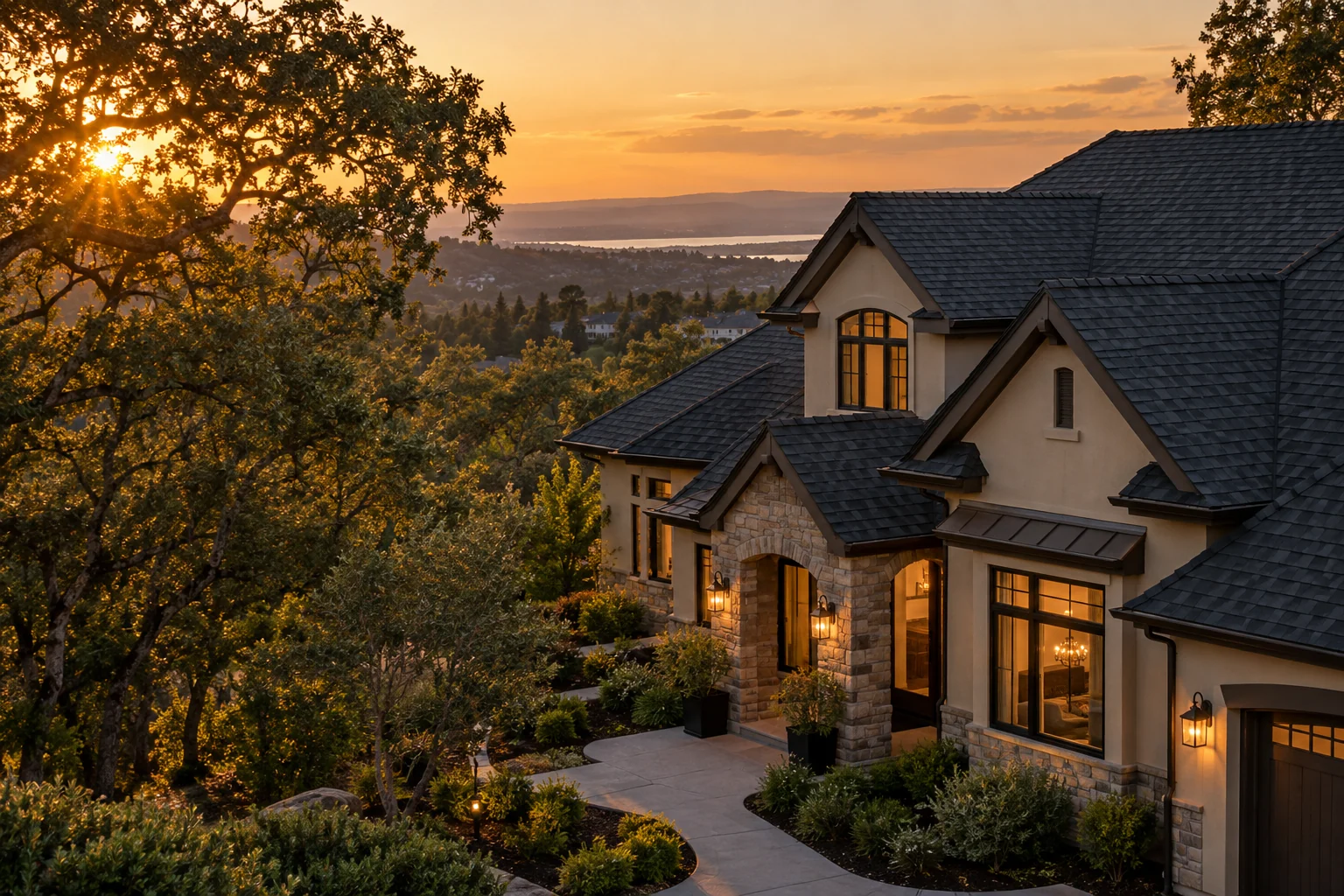 California home with graphite shingle roof, illustrative roofing photograph