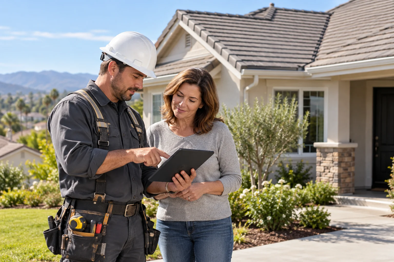 Roofing professional reviewing roof photographs with a homeowner from ground level
