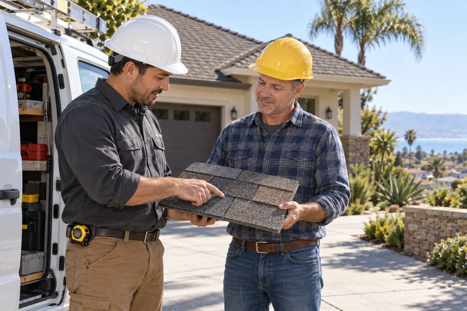 Roofing professionals reviewing samples beside a work van, illustrative team photograph