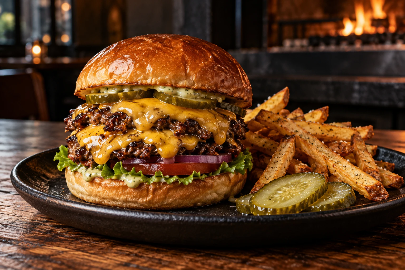 Double cheeseburger with fries and pickles