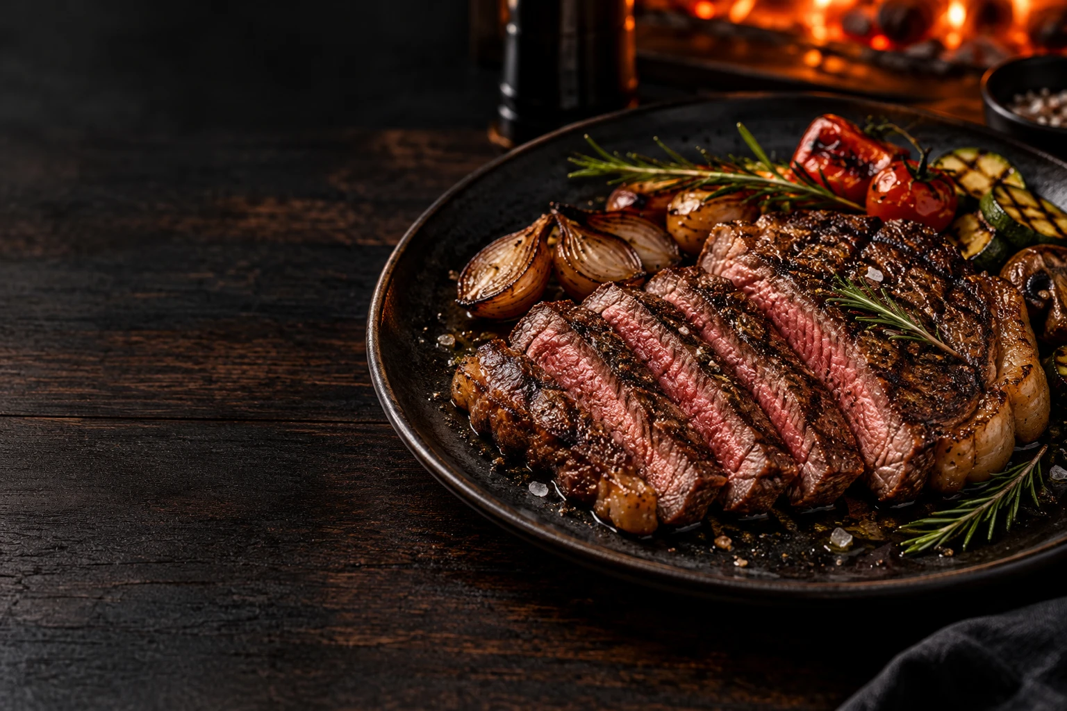 Grilled ribeye with rosemary and charred vegetables