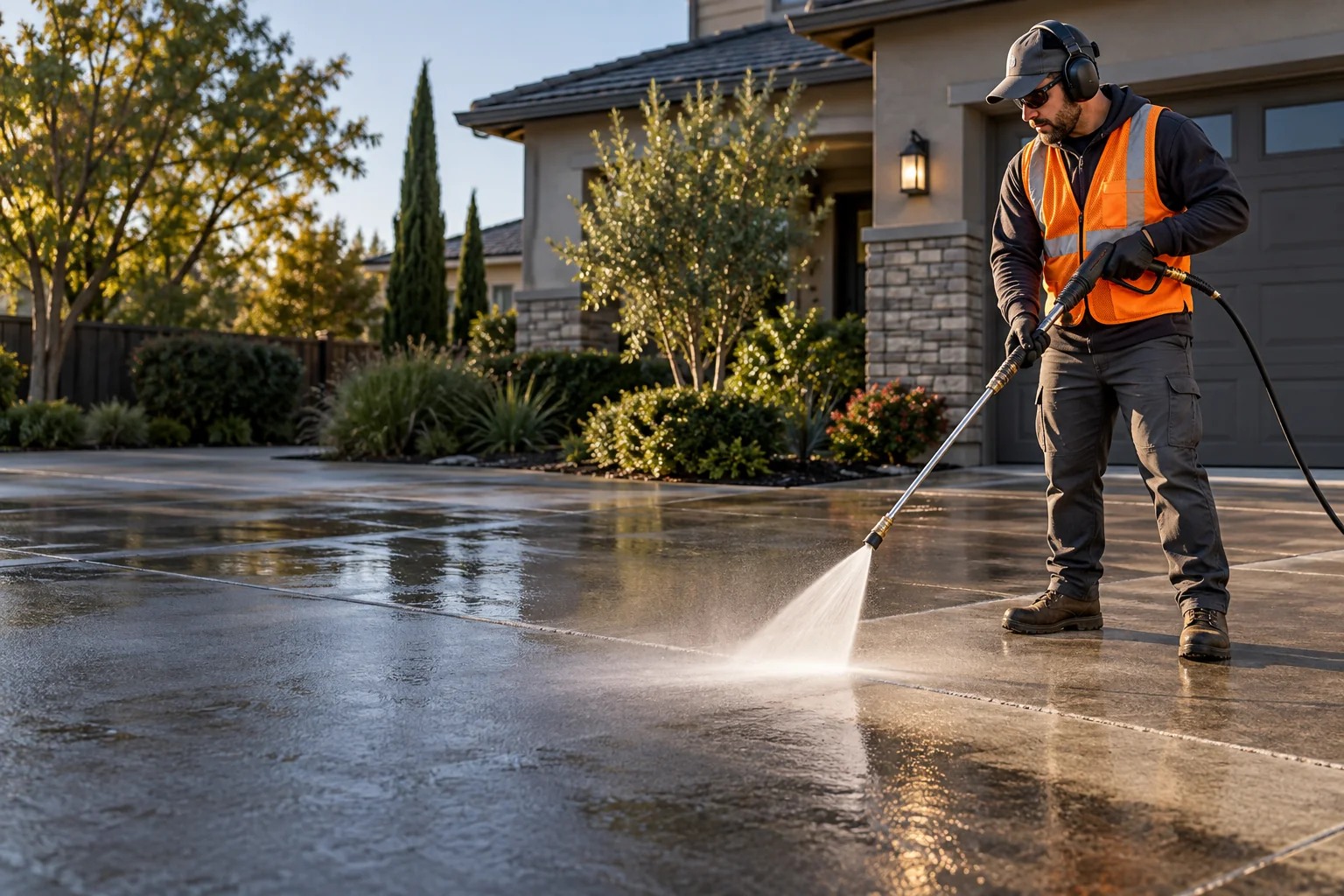 Professional using a pressure washing wand on a concrete driveway