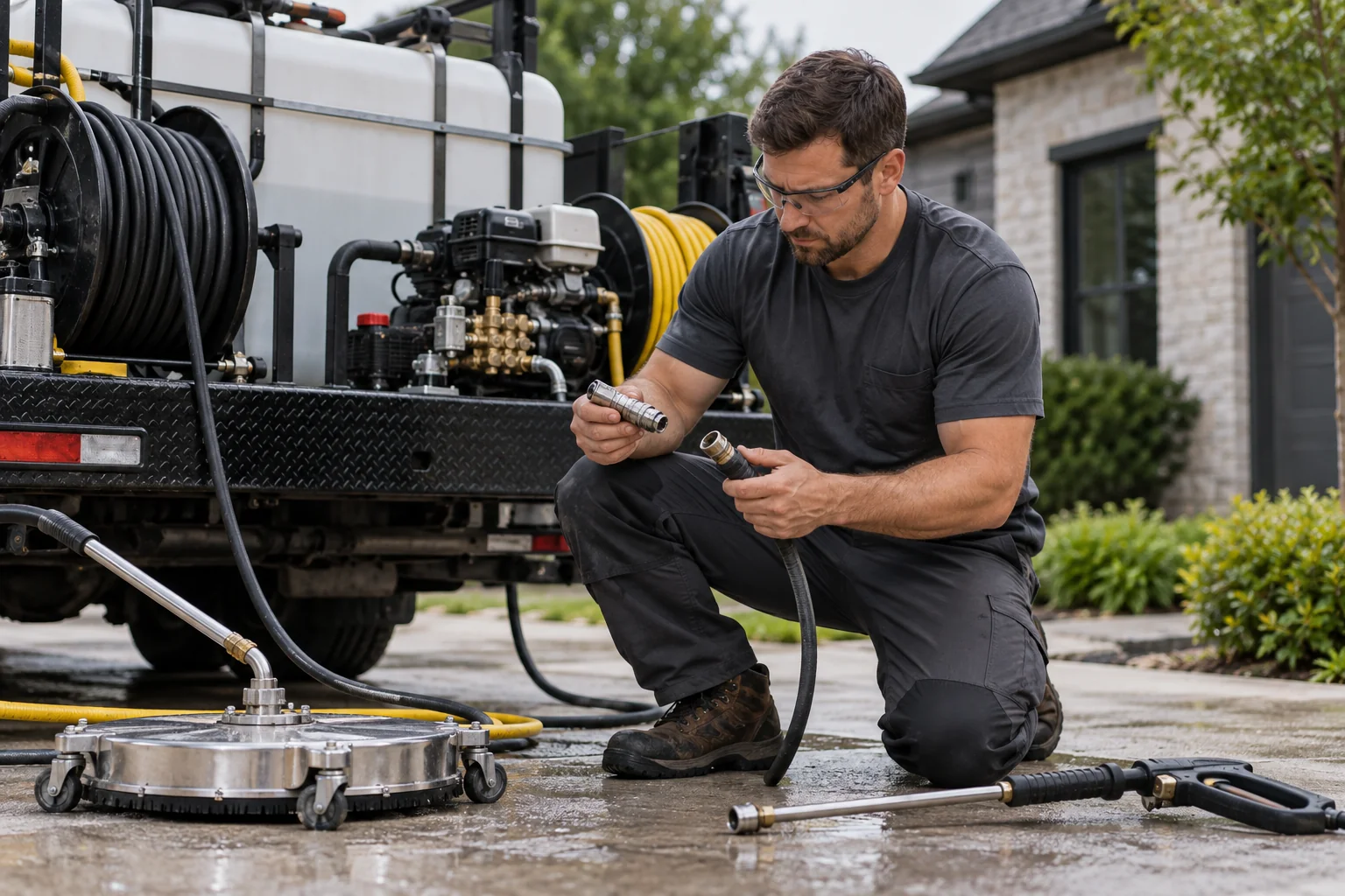 Exterior cleaning professional preparing hoses and tools
