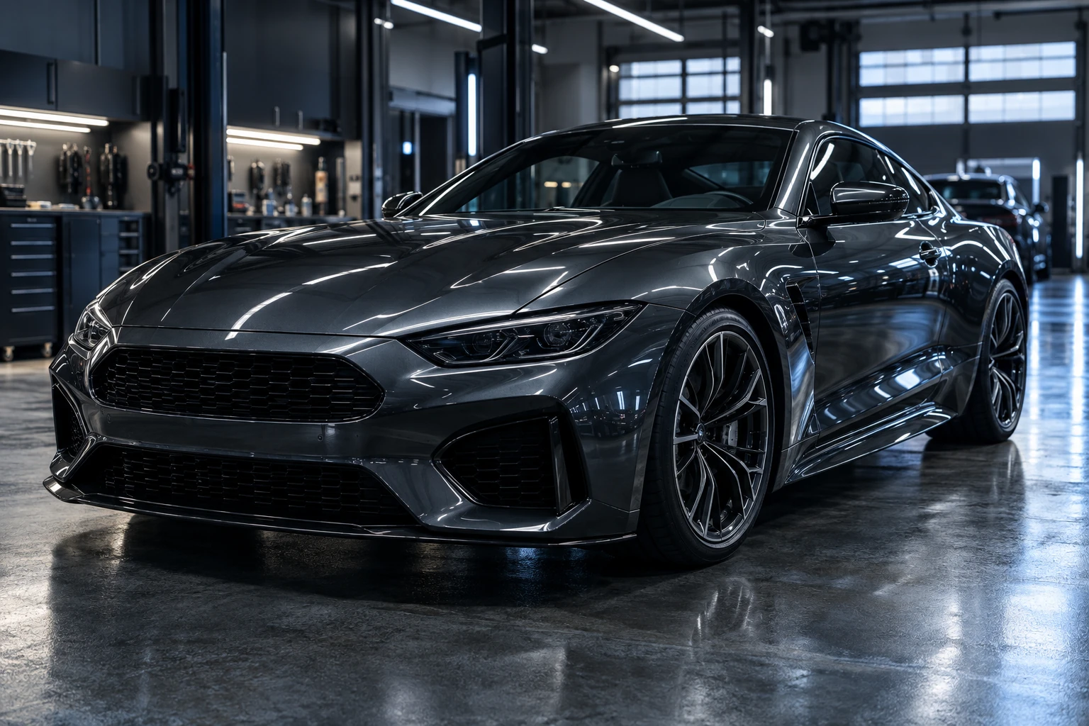 Graphite coupe in a softly lit automotive workshop