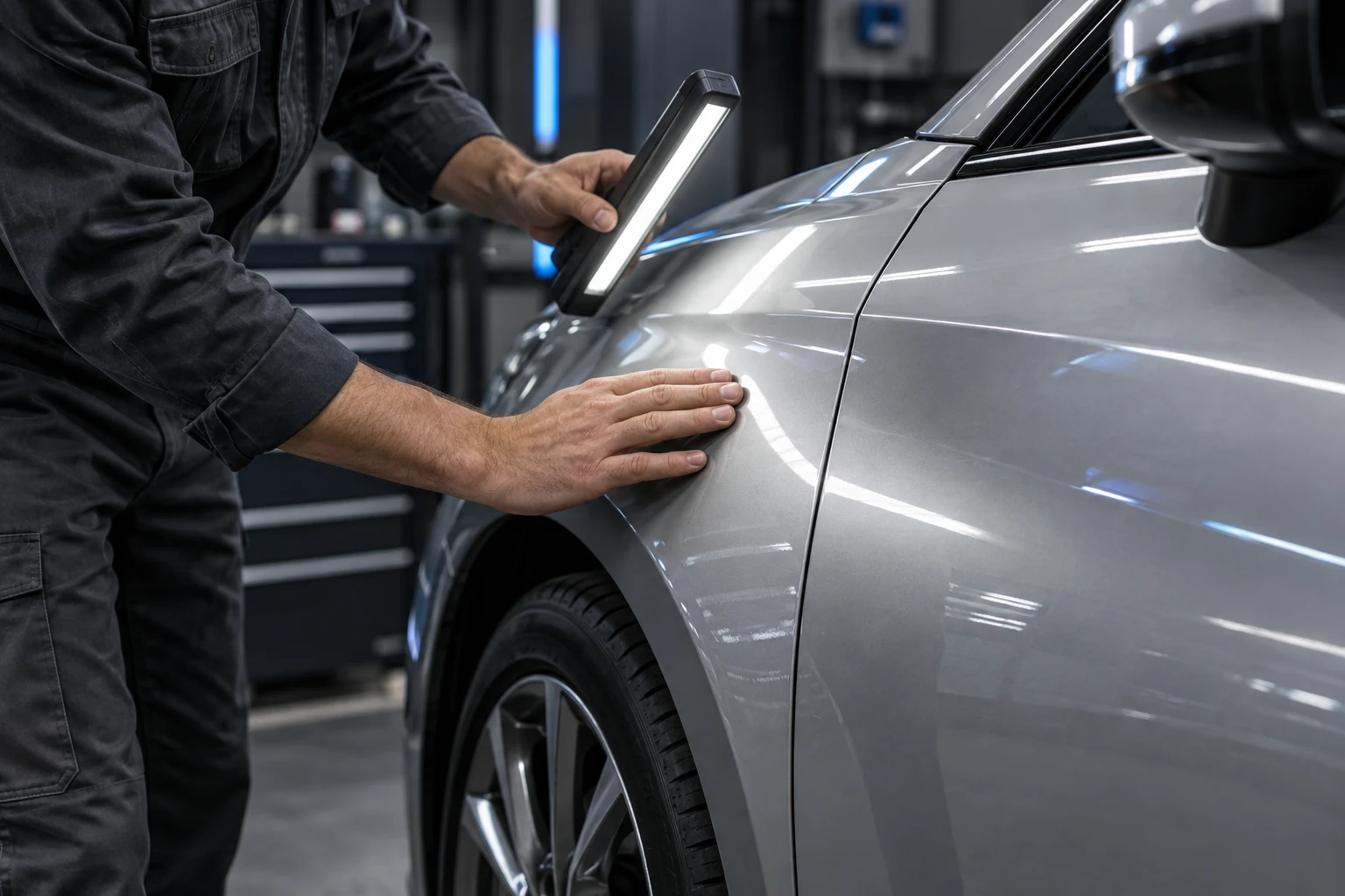 Technician inspecting a car panel under a reflection light