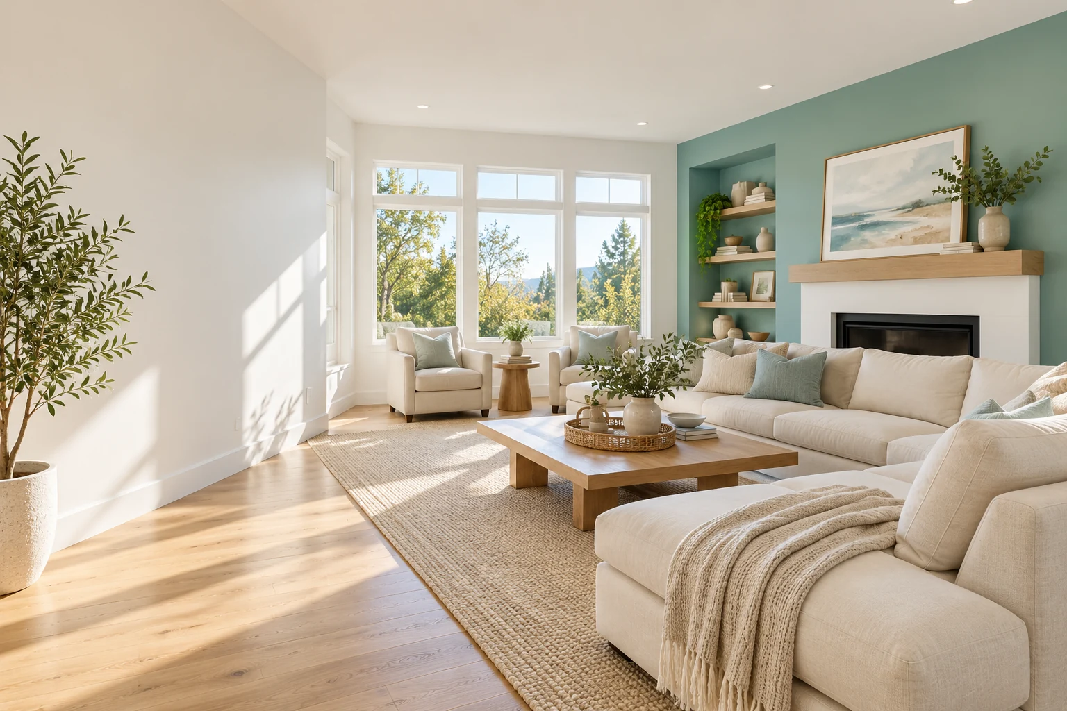 Freshly painted living room with a soft aqua accent wall