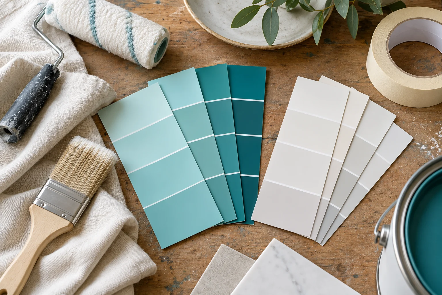 Aqua color cards, paintbrush and roller on a planning table