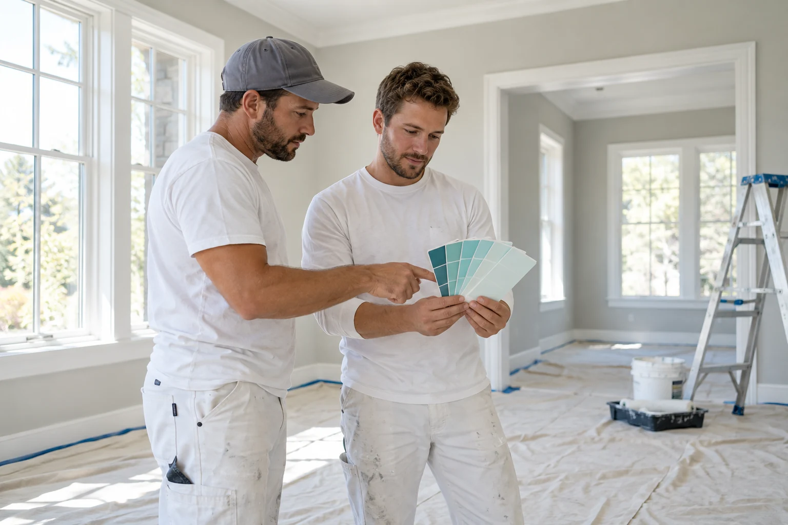 Two painting professionals discussing aqua color samples, illustrative team photograph