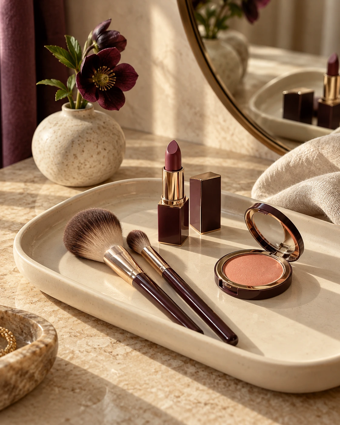 Makeup brushes, blush, and plum lipstick on an ivory vanity