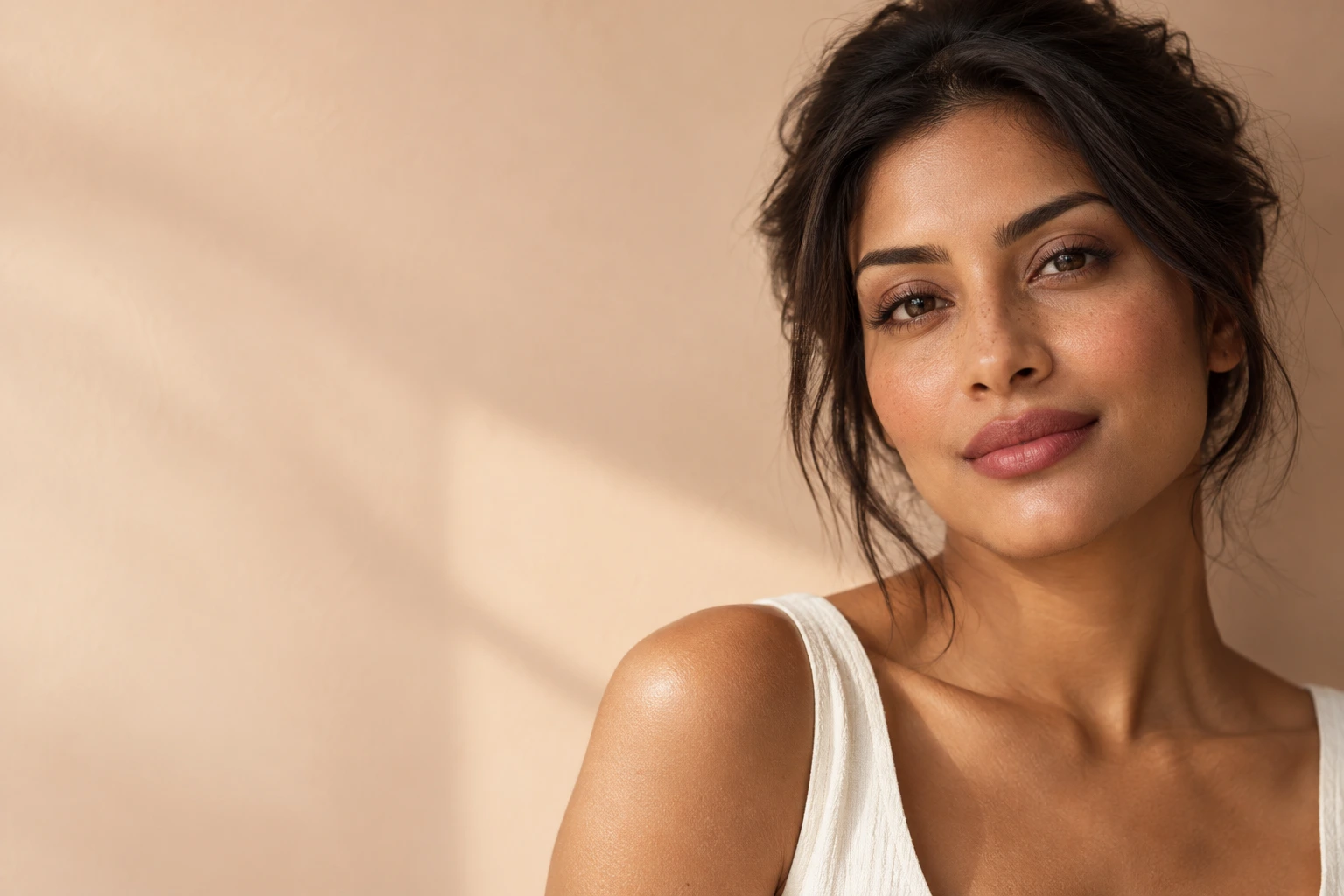 Illustrative beauty portrait with soft rose makeup and natural skin texture