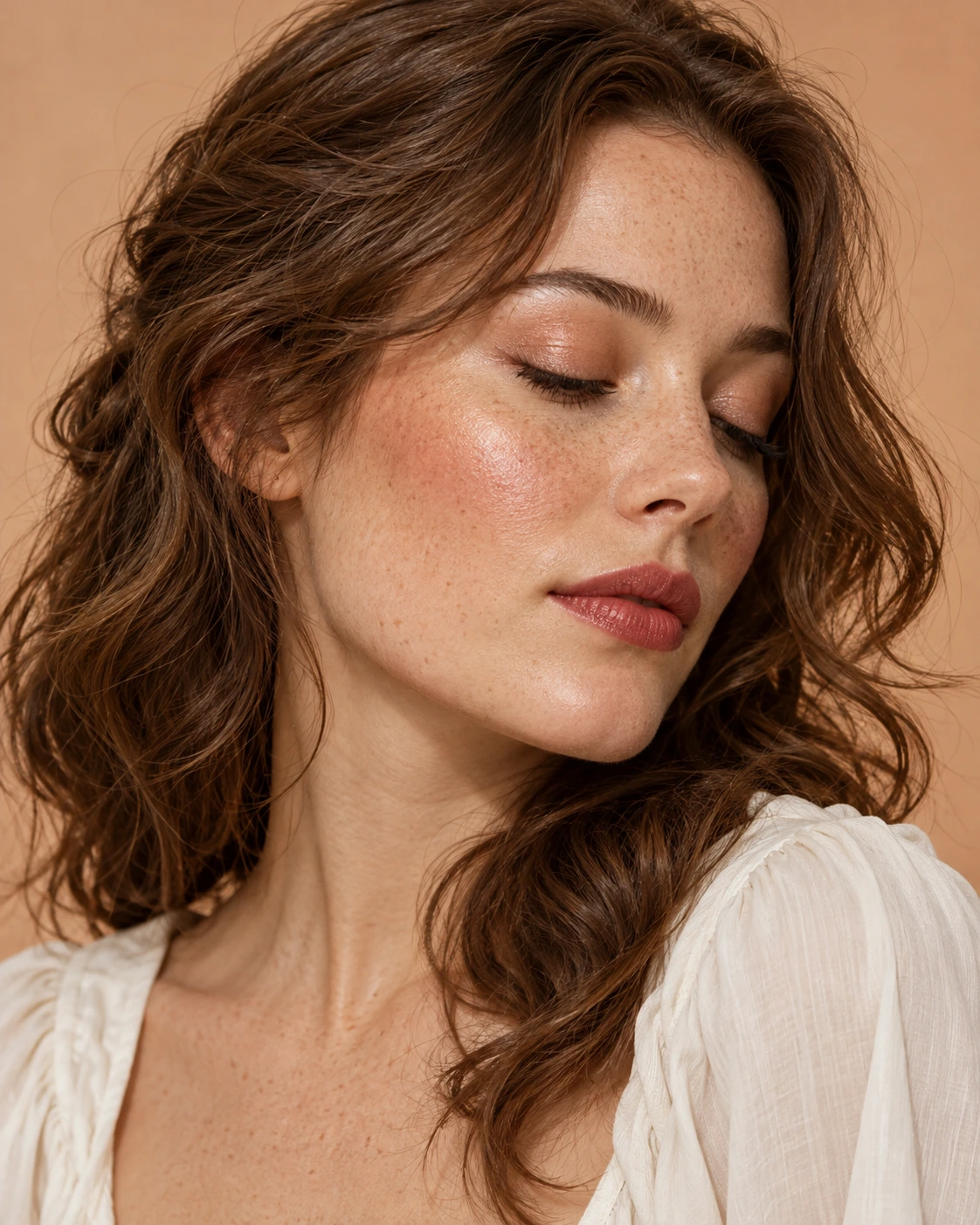 Illustrative portrait with softly defined makeup and a warm berry lip