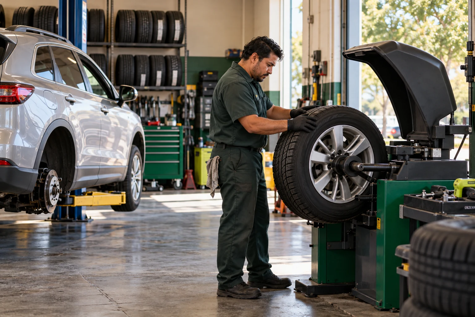 Technician checking a tire beside a crossover in an organized tire workshop