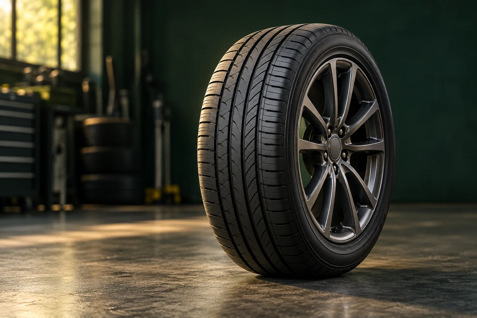Black tire with a graphite alloy wheel on a deep green background