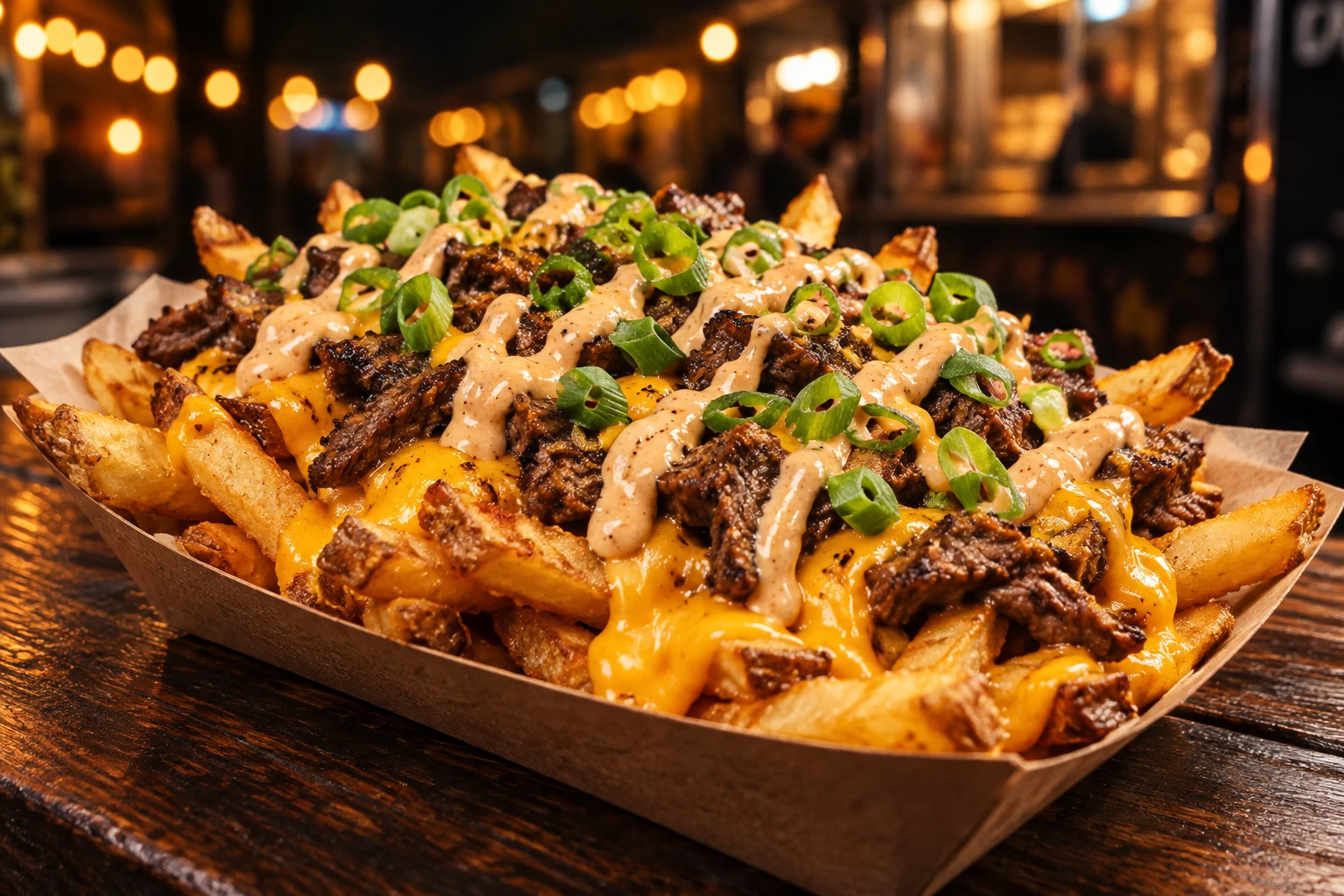 Loaded fries topped with cheese, scallions and beef